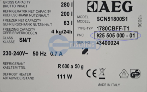 AEG Kühlschrank Typenschild SCN51800S1