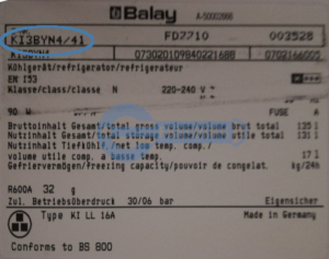 BALAY Kühlschrank Typenschild KI3BYN4