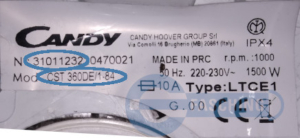 CANDY Waschmaschine Toplader Typenschild CST360DE184