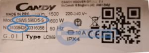 CANDY Waschtrockner Typenschild CSWS596D5S