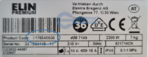ELIN Waschmaschine Typenschild WM7149