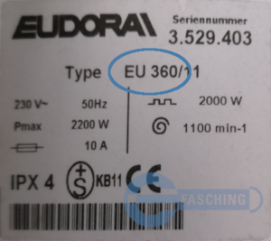 EUDORA Waschmaschine Typenschild EU360