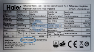 HAIER Side by Side Kühlschrank Typenschild HSR3918FIMP