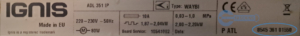 IGNIS Geschirrspüler Typenschild ADL351IP
