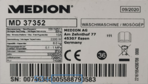 MEDION Waschmaschine Typenschild MD37352