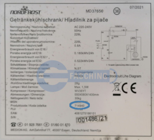 NORDFROS Kühlschrank Typenschild MD37656