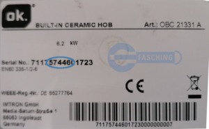 OK Kochfeld Typenschild OBC21331A