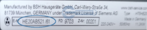 SIEMENS Backofen Typenschild HE20AB521