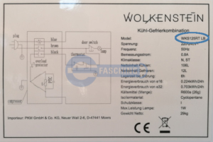 WOLKENSTEIN Kühlschrank Typenschild WKS125RT