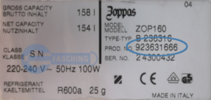 ZOPPAS Kühlschrank Typenschild ZOP160